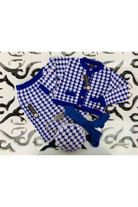 Kız Çocuk Kazayağı Model Crop Ceket Triko Etek Çanta 3'lü Takım Saks 8 Yaş