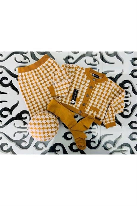 Kız Çocuk Kazayağı Model Crop Ceket Triko Etek Çanta 3'lü Takım Hardal 4 Yaş