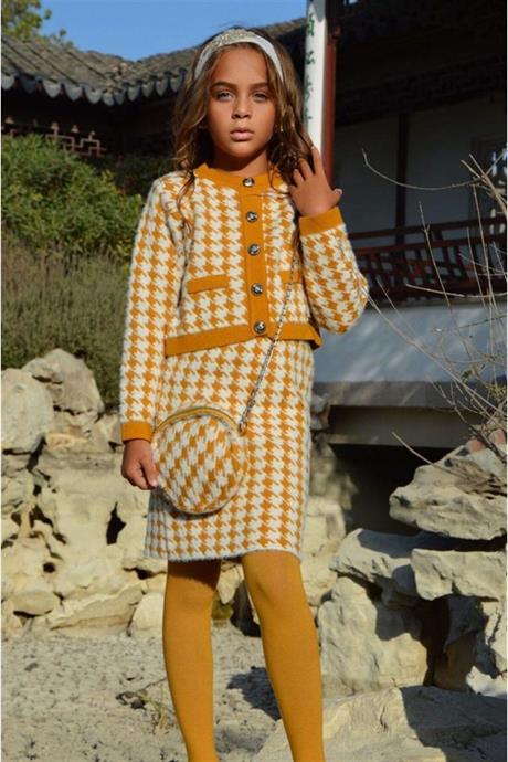 Kız Çocuk Kazayağı Model Crop Ceket Triko Etek Çanta 3'lü Takım Hardal 8 Yaş