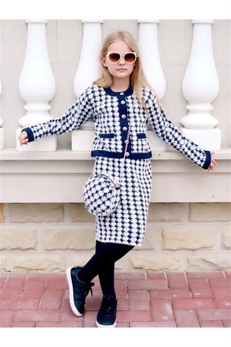 Kız Çocuk Kazayağı Model Crop Ceket Triko Etek Çanta 3'lü Takım Lacivert 10 Yaş