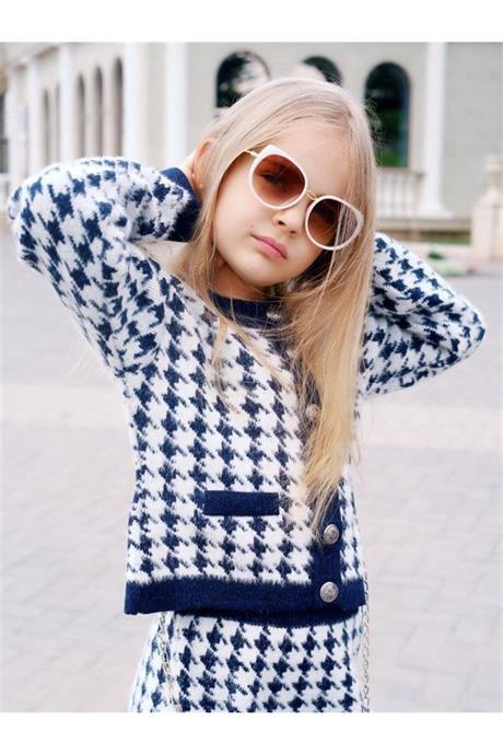 Kız Çocuk Kazayağı Model Crop Ceket Triko Etek Çanta 3'lü Takım Lacivert 8 Yaş