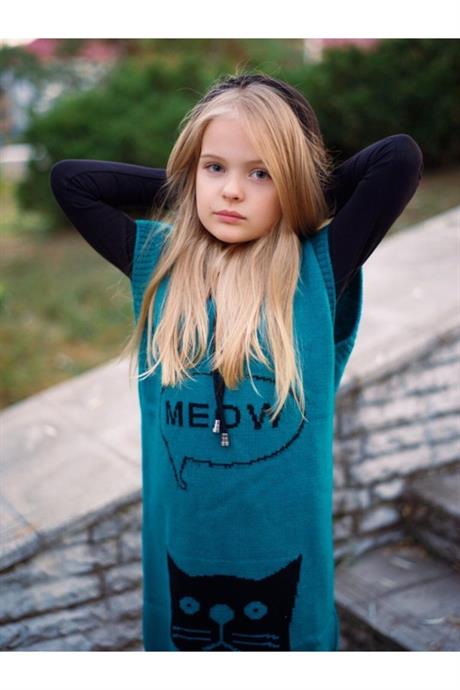 Kız Çocuk Kedi Model Triko Elbise Badi Çorap Üçlü Takım YEŞİL 10 Yaş