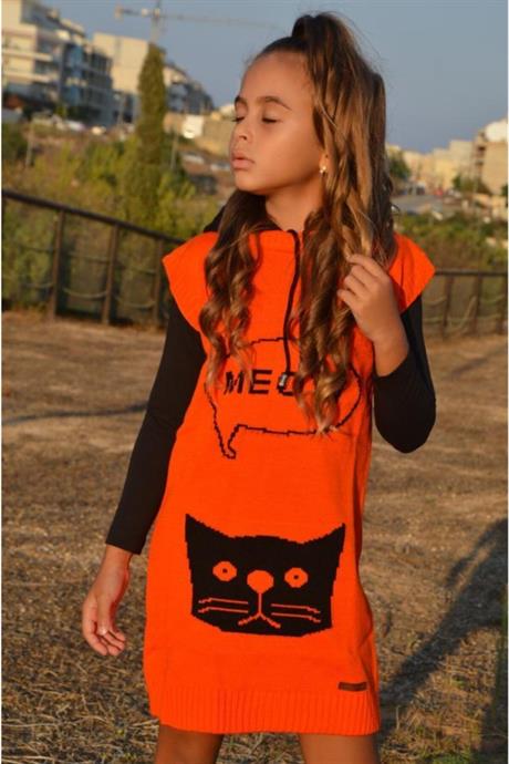 Kız Çocuk Kedi Model Triko Elbise Badi Çorap Üçlü Takım TURUNCU 8 Yaş