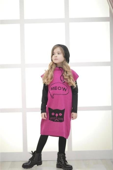 Kız Çocuk Kedi Model Triko Elbise Badi Çorap Üçlü Takım PEMBE 12 Yaş