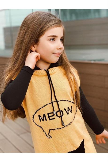 Kız Çocuk Kedi Model Triko Elbise Badi Çorap Üçlü Takım SARI 4 Yaş