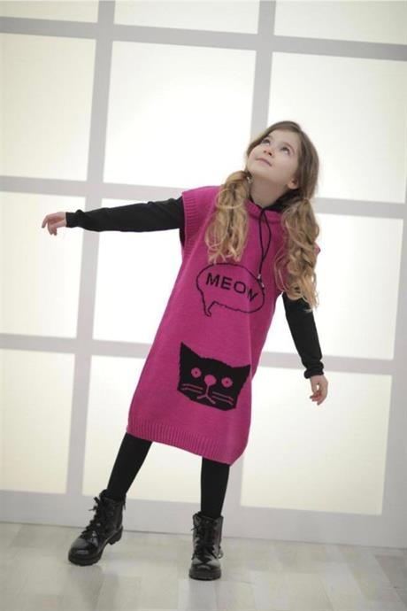 Kız Çocuk Kedi Model Triko Elbise Badi Çorap Üçlü Takım PEMBE 12 Yaş