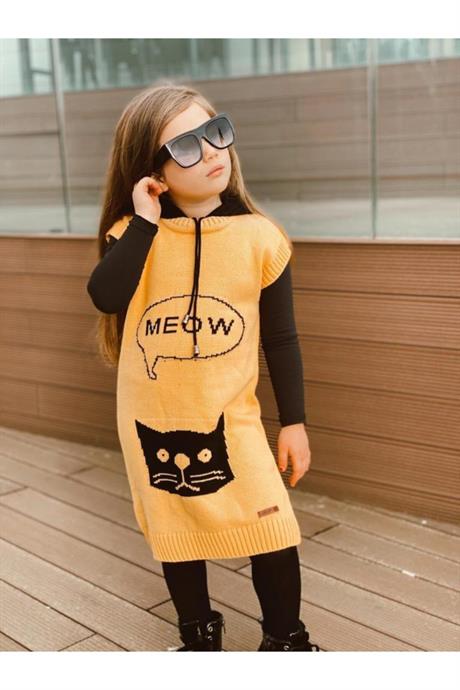 Kız Çocuk Kedi Model Triko Elbise Badi Çorap Üçlü Takım SARI 12 Yaş