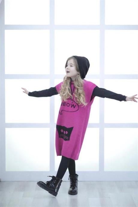 Kız Çocuk Kedi Model Triko Elbise Badi Çorap Üçlü Takım PEMBE 10 Yaş