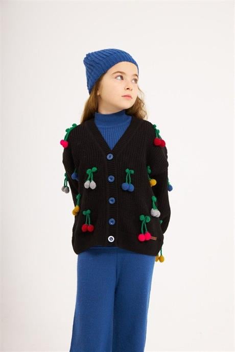 Kız Çocuk Kiraz İşlemeli Siyah Triko Hırka Kısa Kollu Triko Badi Pantolon Bere 4'lü Takım Saks 6 Yaş