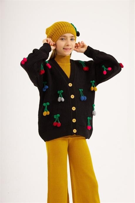 Kız Çocuk Kiraz İşlemeli Siyah Triko Hırka Kısa Kollu Triko Badi Pantolon Bere 4'lü Takım Hardal 8 Yaş