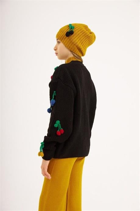 Kız Çocuk Kiraz İşlemeli Siyah Triko Hırka Kısa Kollu Triko Badi Pantolon Bere 4'lü Takım Hardal 12 Yaş