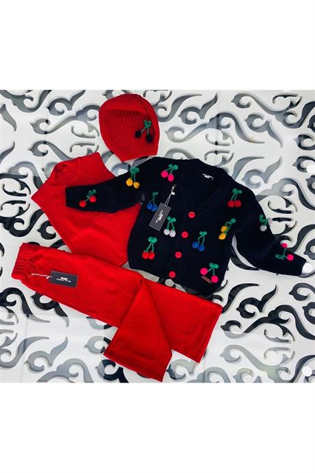 Kız Çocuk Kiraz Nakışlı Beyaz Hırka Saks Triko Badi Pantolon Bere 4'lü Takım KIRMIZI 10 Yaş