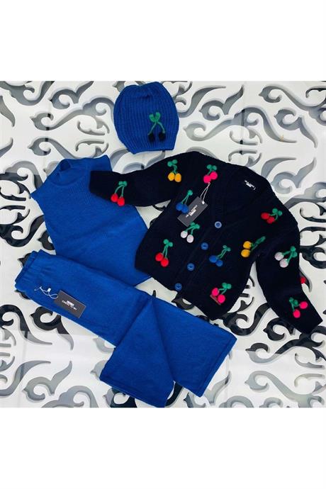 Kız Çocuk Kiraz Nakışlı Beyaz Hırka Saks Triko Badi Pantolon Bere 4'lü Takım SAKS 6 Yaş