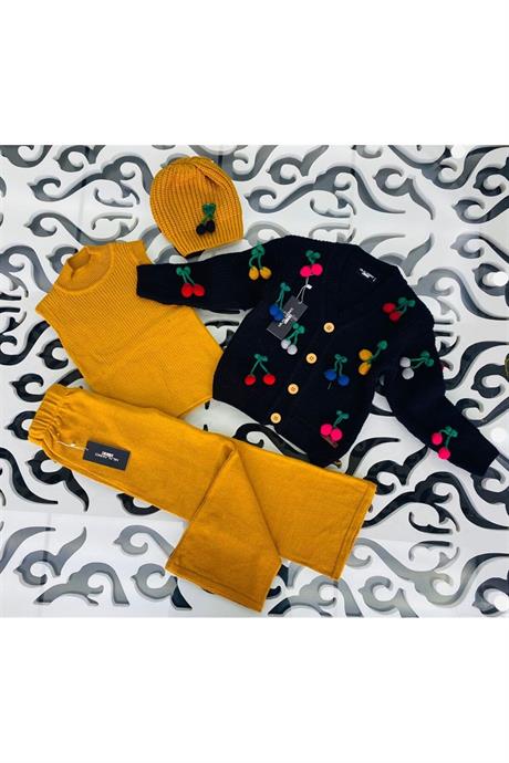 Kız Çocuk Kiraz Nakışlı Beyaz Hırka Saks Triko Badi Pantolon Bere 4'lü Takım HARDAL 6 Yaş