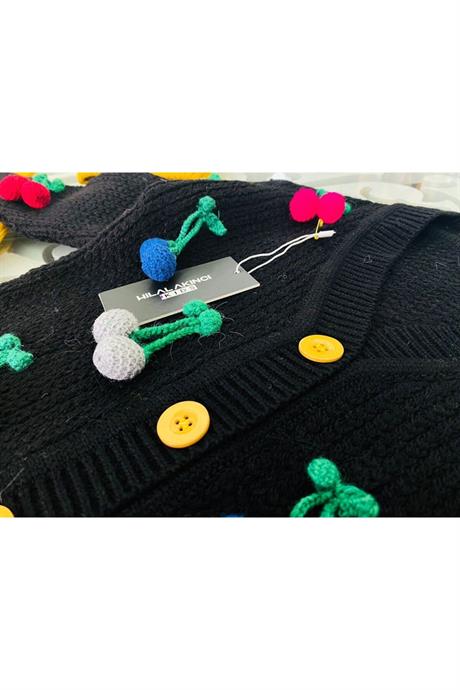 Kız Çocuk Kiraz Nakışlı Beyaz Hırka Saks Triko Badi Pantolon Bere 4'lü Takım HARDAL 8 Yaş