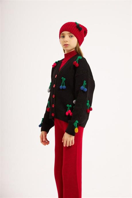 Kız Çocuk Kiraz Nakışlı Beyaz Hırka Saks Triko Badi Pantolon Bere 4'lü Takım KIRMIZI 6 Yaş