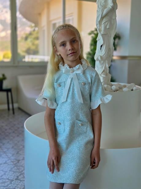 Kız Çocuk Kısa Kol Cepli Elbise Mavi 12 Yaş