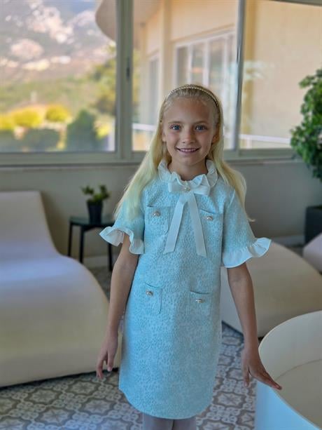 Kız Çocuk Kısa Kol Cepli Elbise Mavi 8 Yaş