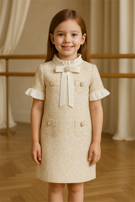 Kız Çocuk Kısa Kol Cepli Elbise Krem 12 Yaş