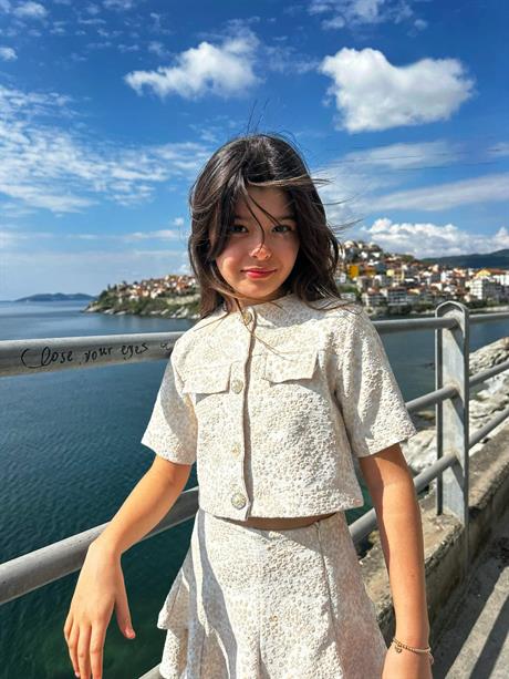 Kız Çocuk Kısa Kollu Cepli Takım Krem 8 Yaş