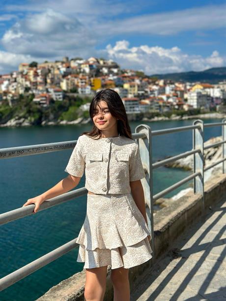 Kız Çocuk Kısa Kollu Cepli Takım Krem 12 Yaş