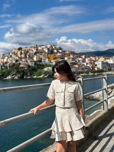 Kız Çocuk Kısa Kollu Cepli Takım Krem 10 Yaş