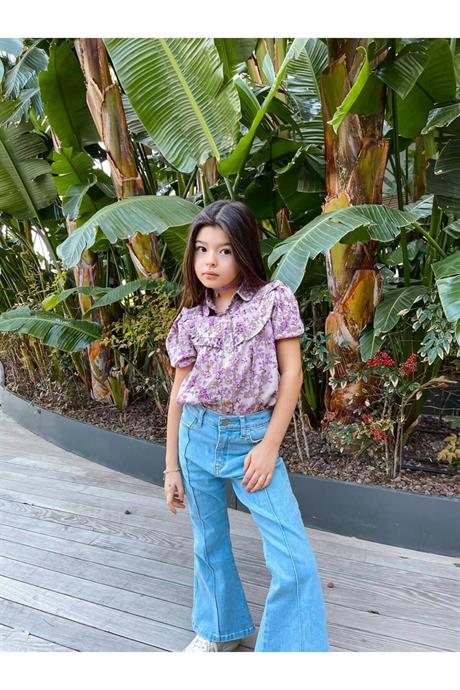 Kız Çocuk Kısa Kollu Çiçek Desenli Gömlek İspanyol Paça Kot Pantolon 2'li Takı Mor 6 Yaş