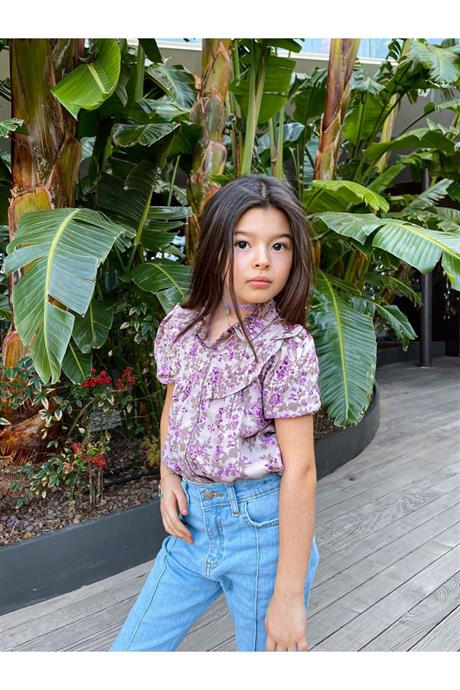 Kız Çocuk Kısa Kollu Çiçek Desenli Gömlek İspanyol Paça Kot Pantolon 2'li Takı Mor 6 Yaş