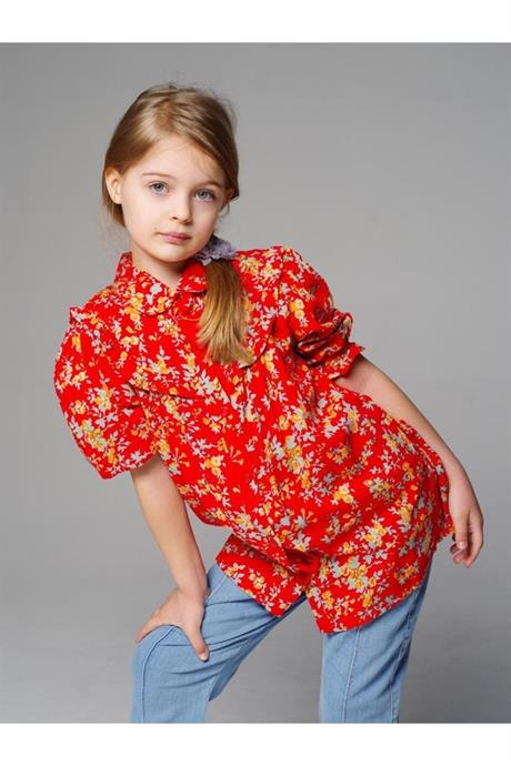 Kız Çocuk Kısa Kollu Çiçek Desenli Gömlek İspanyol Paça Kot Pantolon 2'li Takı Kırmızı 4 Yaş