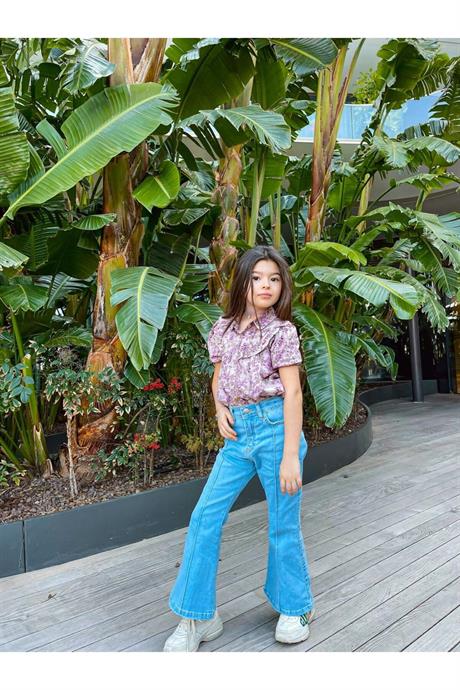 Kız Çocuk Kısa Kollu Çiçek Desenli Gömlek İspanyol Paça Kot Pantolon 2'li Takı Mor 10 Yaş