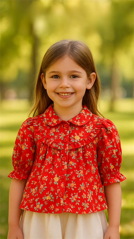 Kız Çocuk Kısa Kollu Çiçekli Gömlek Kırmızı 8 Yaş