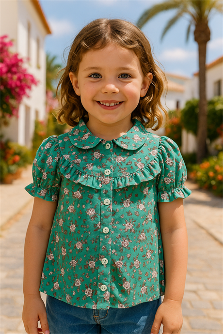 Kız Çocuk Kısa Kollu Çiçekli Gömlek Yeşil 14 Yaş