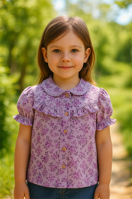 Kız Çocuk Kısa Kollu Çiçekli Gömlek Lila 12 Yaş