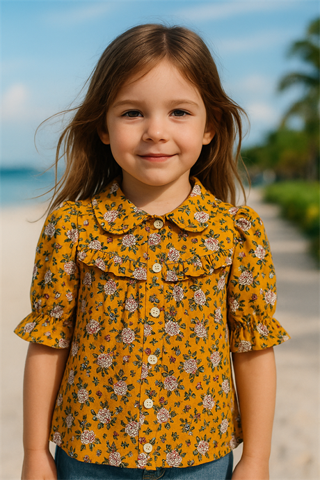 Kız Çocuk Kısa Kollu Çiçekli Gömlek Turuncu 14 Yaş
