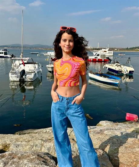 Kız Çocuk Kısa Kollu Desenli Body Geniş Paça Kot Pantolon 2'li Takım Turuncu 14 Yaş