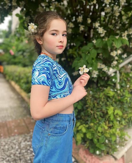 Kız Çocuk Kısa Kollu Desenli Body Geniş Paça Kot Pantolon 2'li Takım Mavi 12 Yaş