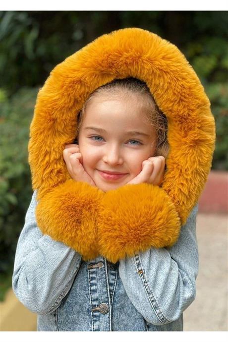 Kız Çocuk Kolları Kürk Detaylı Kapüşonlu Mavi Kot Ceket HARDAL 14 Yaş