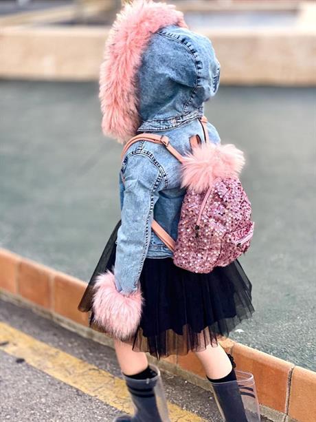 Kız Çocuk Kolları Kürk Detaylı Kapüşonlu Mavi Kot Ceket PUDRA 14 Yaş