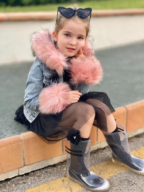 Kız Çocuk Kolları Kürk Detaylı Kapüşonlu Mavi Kot Ceket PUDRA 10 Yaş