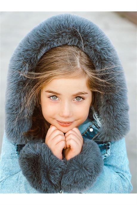 Kız Çocuk Kolları Kürk Detaylı Kapüşonlu Mavi Kot Ceket GRİ 14 Yaş