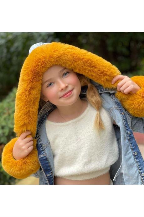 Kız Çocuk Kolları Kürk Detaylı Kapüşonlu Mavi Kot Ceket HARDAL 12 Yaş