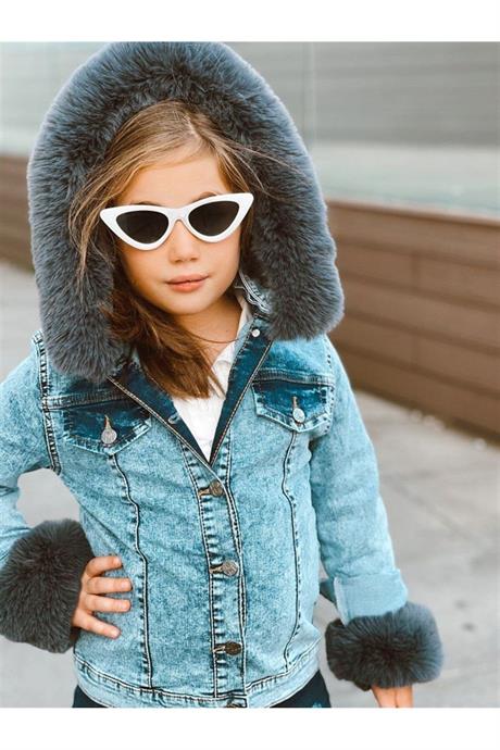 Kız Çocuk Kolları Kürk Detaylı Kapüşonlu Mavi Kot Ceket GRİ 10 Yaş