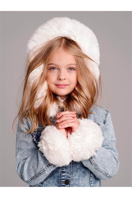 Kız Çocuk Kolları Kürk Detaylı Kapüşonlu Mavi Kot Ceket BEYAZ 6 Yaş