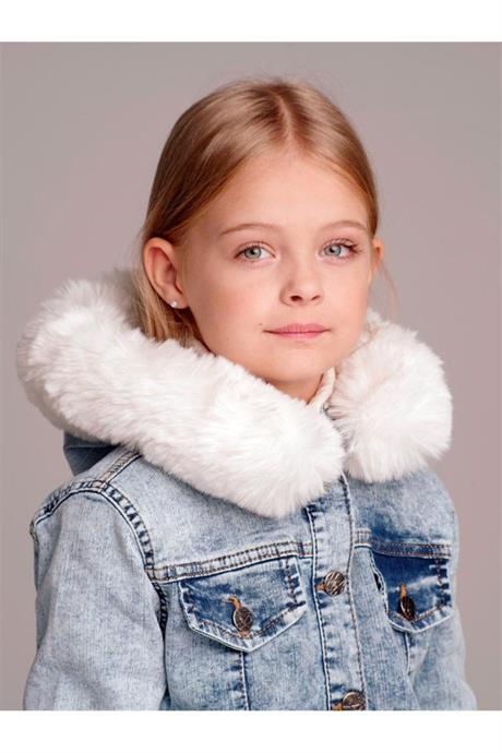 Kız Çocuk Kolları Kürk Detaylı Kapüşonlu Mavi Kot Ceket BEYAZ 10 Yaş