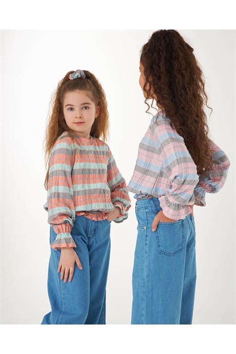Kız Çocuk Kolları Ve Beli Gipeli Gömlek Geniş Paça Kot Pantolon Toka 3'lü Takım Pembe 14 Yaş