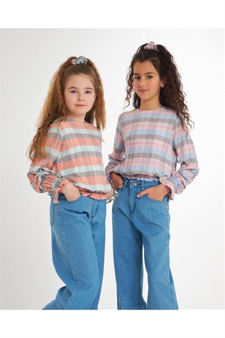 Kız Çocuk Kolları Ve Beli Gipeli Gömlek Geniş Paça Kot Pantolon Toka 3'lü Takım Pembe 14 Yaş
