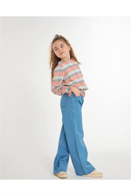 Kız Çocuk Kolları Ve Beli Gipeli Gömlek Geniş Paça Kot Pantolon Toka 3'lü Takım Somon 8 Yaş