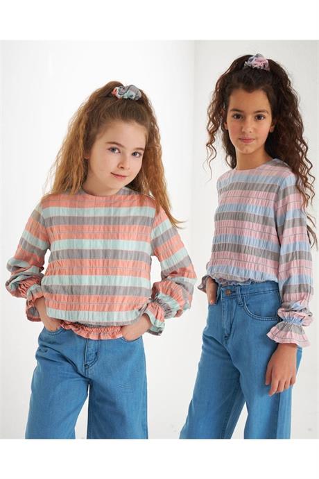 Kız Çocuk Kolları Ve Beli Gipeli Gömlek Geniş Paça Kot Pantolon Toka 3'lü Takım Pembe 8 Yaş