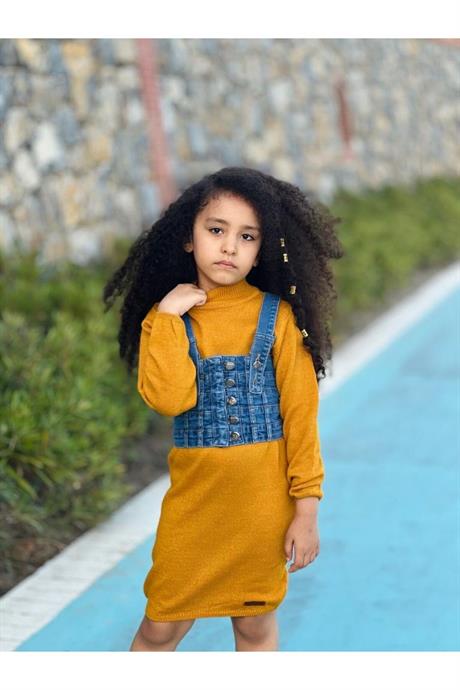 Kız Çocuk Kot Büstiyer Triko Elbise 2'li Takım Hardal 6 Yaş