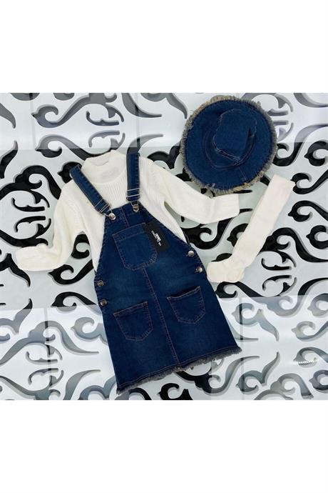 Kız Çocuk Kot Salopet Yarım Balıkçı Yaka Kazak 3'lü Takım Beyaz 10 Yaş